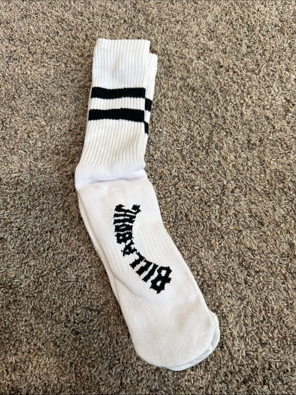 White Billabong Crew Socks with Black Stripes and Logo